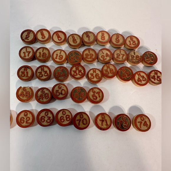 Vtg Lotto Game Replacement Pieces Wooden Numbered Markers Not Complete 72 Pieces - Picture 3 of 5